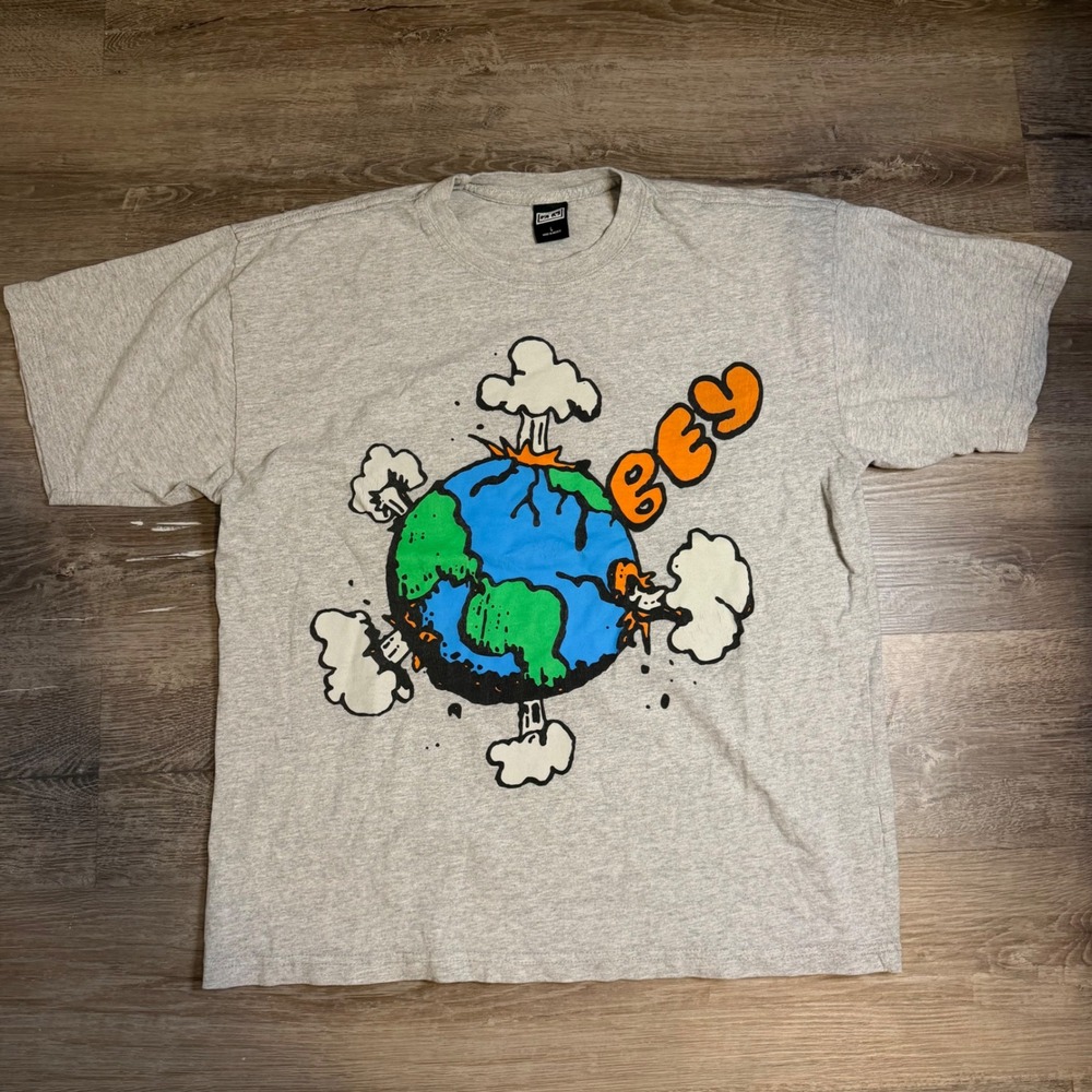 Y2K Obey Mens Large Heather Grey Earth World Streetwear Short‎ Sleeve T-Shirt